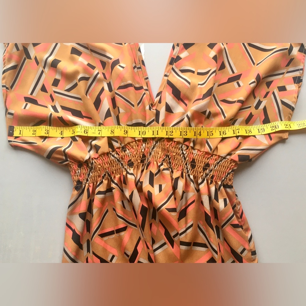 WISH Kimono orange blue mini dress Geometric pattern Smock waist Short sleeve - Picture 10 of 16